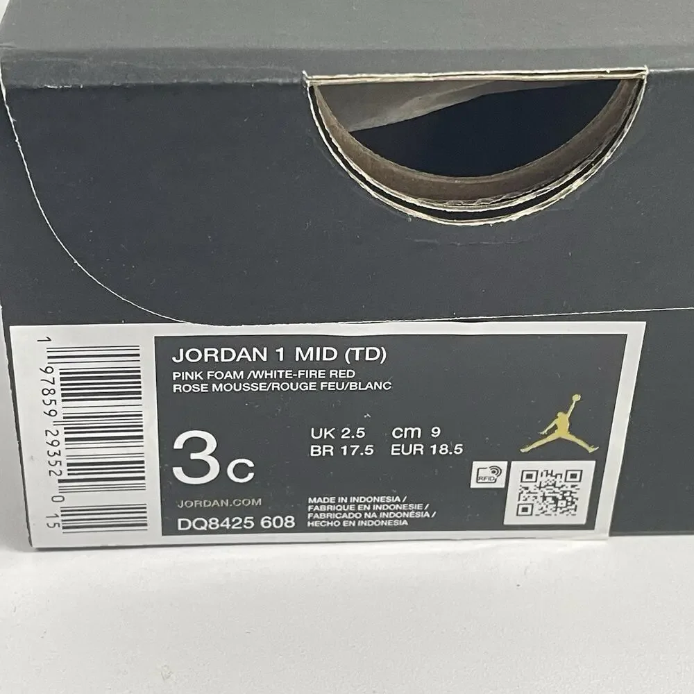 Air Jordan 1 Mid TD Pink Foam Fire Red DQ8425 608 Size 3 C Toddler Baby Crib